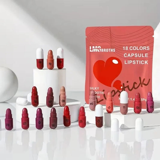 18-Color Capsule Lipstick Set – Silky Smooth Matte Finish Mini Lipstick Pods (Travel Size & Portable)