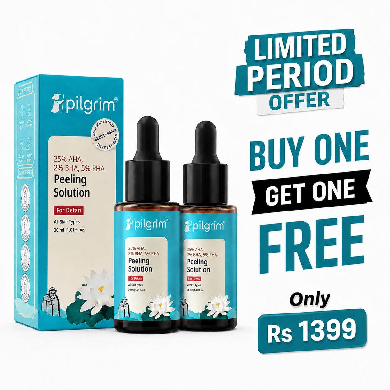 (Buy 1 Get 1 Free) Pilgrim 25% AHA + 2% BHA + 5% PHA Peeling Solution